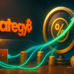 Cinematic desk scene with the orange Strategy logo beside a golden % yield dial as teal flows stream from a vault into rising coin stacks and a Bitcoin balance plate to symbolize a richer dividend.