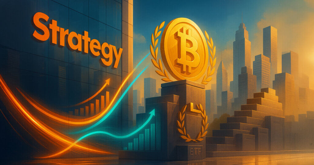 corporate plaza with the orange Strategy logo on a glass facade as a towering golden Bitcoin rises amid glowing teal-and-amber capital streams and upward charts.