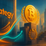 corporate plaza with the orange Strategy logo on a glass facade as a towering golden Bitcoin rises amid glowing teal-and-amber capital streams and upward charts.