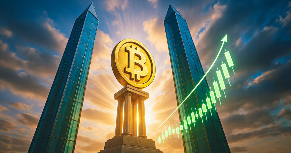 Low-angle, hyper-realistic outdoor shot of a monumental golden Bitcoin between two glass obelisks with luminous green candlesticks arcing upward in bright sunrays, conveying a dramatic gateway of institutional capital into crypto.