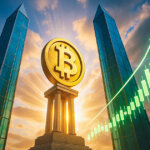 Low-angle, hyper-realistic outdoor shot of a monumental golden Bitcoin between two glass obelisks with luminous green candlesticks arcing upward in bright sunrays, conveying a dramatic gateway of institutional capital into crypto.