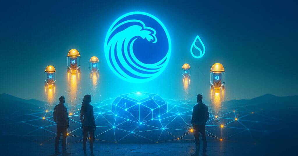 a glowing blue wave emblem hovering over a luminous Sui network grid as golden AI pods launch upward, with the Sui droplet mark beside the wave and silhouetted retail investors watching the surge of activity.