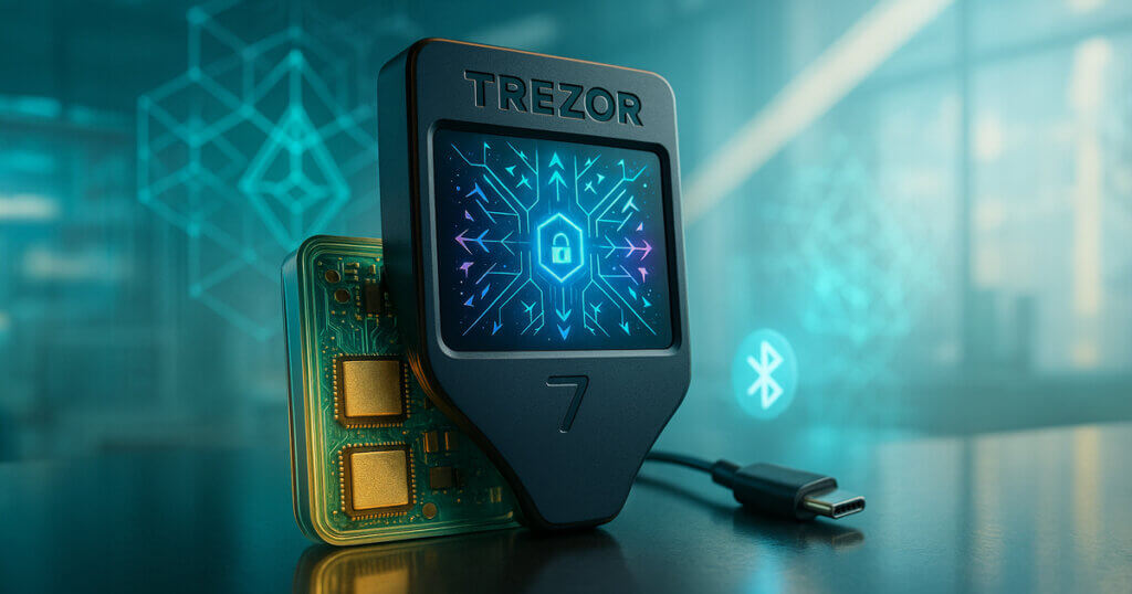 product shot of Trezor Safe 7 on a glossy surface with a luminous teal–violet lab backdrop, its screen showing a glowing lock motif as a transparent PCB reveals dual secure chips beside a USB-C cable and subtle Bluetooth icon.