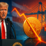 Donald Trump speaking beside a Chinese container port as a large golden Bitcoin tilts over a cracked reflective floor while a glowing downward line cuts across, evoking sharp market stress.