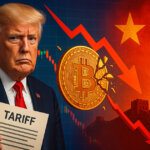A cinematic 16:9 image: former President Donald Trump stands left-of-frame under bright, mid-to-high key lighting, holding a tariff document; behind him a vivid red downward arrow slices through a shattering golden Bitcoin over a cool blue market chart, blending into warm red-orange tones of China’s flag, the Great Wall, and the Shanghai skyline to symbolize the crash.