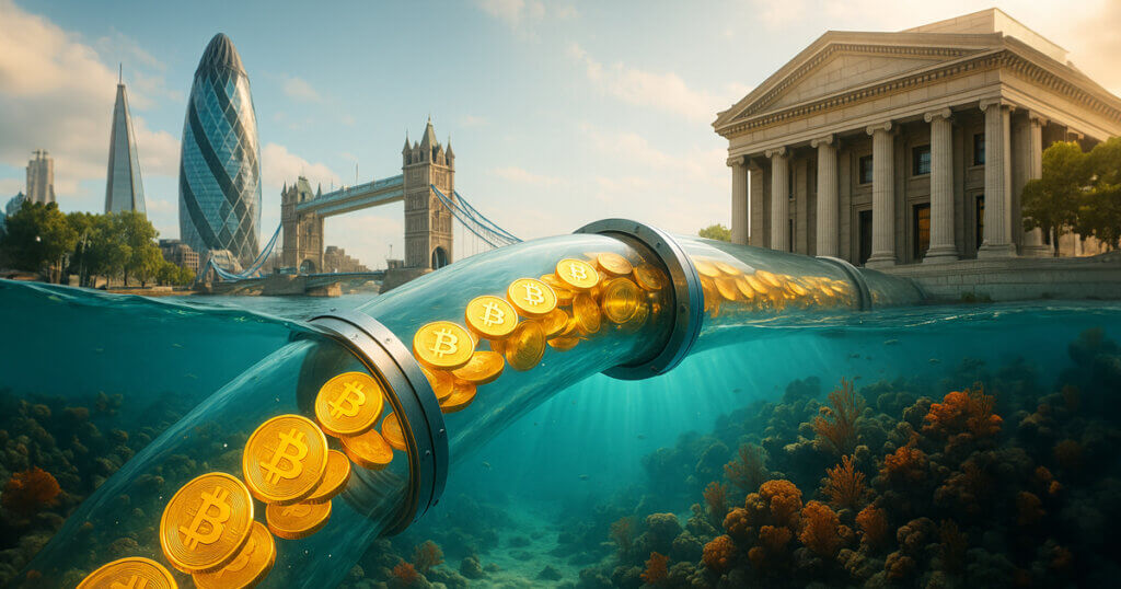 a clear underwater pipeline carrying glowing Bitcoin coins from London’s skyline to a neoclassical Wall Street facade, with sunbeams illuminating coral and teal water beneath.