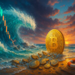A bright, cinematic 16:9 scene shows a towering golden Bitcoin standing firm on a sunlit shoreline while a vivid teal-and-orange candlestick wave—woven with numbers—crashes through scattered Ethereum, Solana, and altcoin tokens, suggesting a temporary washout amid a clearing sky.