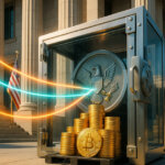 A bright, ultra-realistic scene shows three glowing blockchain streams flowing into a glass vault with an eagle emblem before sunlit government columns and stacks of gold Bitcoins, symbolizing the U.S. adding LuBian-linked BTC to its holdings.