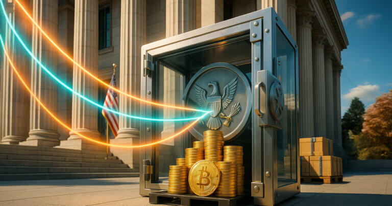 A bright, ultra-realistic scene shows three glowing blockchain streams flowing into a glass vault with an eagle emblem before sunlit government columns and stacks of gold Bitcoins, symbolizing the U.S. adding LuBian-linked BTC to its holdings.