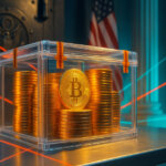 evidence room shows stacks of glowing Bitcoin locked inside a clear tamper-sealed crate on a steel table, with laser security lines, a vault door, courthouse columns, and a softly lit U.S. flag in the background.