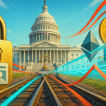 A bright daytime scene shows the U.S. Capitol with glowing teal “crypto rails” and red regulatory ribbons converging on merging tracks toward a golden justice scale, flanked by a brass padlock with a fingerprint chip and Ethereum/DeFi logos to symbolize the fight over control of U.S. crypto infrastructure.