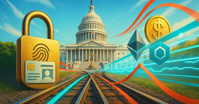 A bright daytime scene shows the U.S. Capitol with glowing teal “crypto rails” and red regulatory ribbons converging on merging tracks toward a golden justice scale, flanked by a brass padlock with a fingerprint chip and Ethereum/DeFi logos to symbolize the fight over control of U.S. crypto infrastructure.