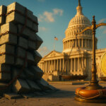 outdoor scene shows a teetering tower of chained concrete “debt” blocks before the U.S. Capitol as a brass scale tips toward a gleaming Bitcoin medallion resting on a lifebuoy.