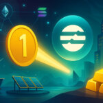 A bright 16:9 scene shows a gold coin with the “1” emblem projecting toward an accurate Aptos logo amid connected chain icons and real-world asset motifs like a cargo ship, solar panels, wind turbines, city towers, and gold bars.