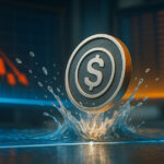 A photorealistic USDe coin splashes along a glowing peg line on a trading desk, lit with the same electric blues, teals, and amber tones while blurred monitors show red candlesticks in the background.