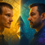 Vitalik Buterin and Anatoly Yakovenko in sharp three-quarter profiles facing across a bright divide, with a warm gold ETH side of shielded validator webs and beacon motifs opposing a cool teal-purple SOL side of sleek node lattices and the glowing Ethereum and Solana logos.