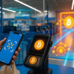 Bright, photorealistic Walmart self-checkout scene where a phone with the spark logo taps a POS showing a glowing Bitcoin symbol as a translucent “walled garden” barrier contrasts with an open BTC network path toward the exit.