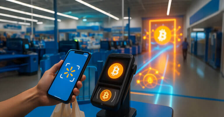 Bright, photorealistic Walmart self-checkout scene where a phone with the spark logo taps a POS showing a glowing Bitcoin symbol as a translucent “walled garden” barrier contrasts with an open BTC network path toward the exit.