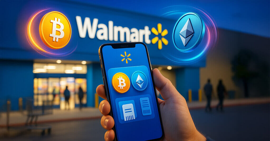 A bright, cinematic 16:9 scene shows a hand holding a smartphone with the OnePay app in front of a well-lit Walmart storefront, as glowing Bitcoin and Ethereum coins swirl in midair with vivid blue, yellow, and magenta light trails.