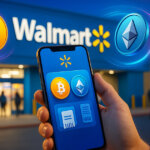 A bright, cinematic 16:9 scene shows a hand holding a smartphone with the OnePay app in front of a well-lit Walmart storefront, as glowing Bitcoin and Ethereum coins swirl in midair with vivid blue, yellow, and magenta light trails.