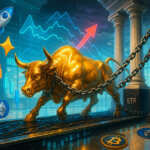 A gleaming golden bull strains against chains tethered to marble bank columns while riding a glossy candlestick conveyor, surrounded by bright meme tokens and soaring arrows beneath a ceiling of translucent macro graphs in a high-key, teal-and-gold trading floor.
