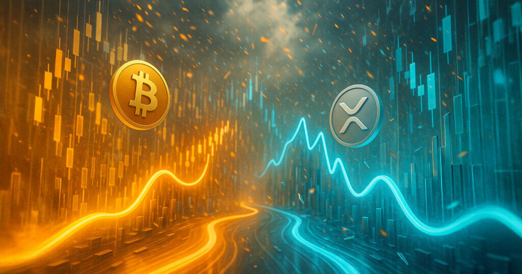 A bright, cinematic 16:9 scene shows a split marketscape where a smooth golden BTC price wave arcs steadily on the left while a sharper teal XRP wave zigzags on the right, with both coins’ logos hovering above luminous candlestick skyscrapers to symbolize their contrasting moves during volatility.