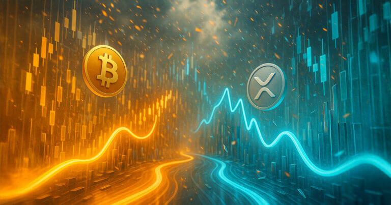 A bright, cinematic 16:9 scene shows a split marketscape where a smooth golden BTC price wave arcs steadily on the left while a sharper teal XRP wave zigzags on the right, with both coins’ logos hovering above luminous candlestick skyscrapers to symbolize their contrasting moves during volatility.