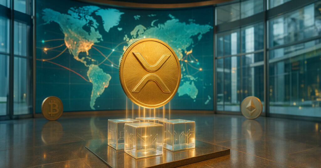 cinematic interior of a glass-walled trading atrium where a gleaming XRP coin hovers above transparent cubes as warm gold light streams into a teal world-map display, with soft-focus BTC and ETH coins in the background.