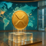 cinematic interior of a glass-walled trading atrium where a gleaming XRP coin hovers above transparent cubes as warm gold light streams into a teal world-map display, with soft-focus BTC and ETH coins in the background.
