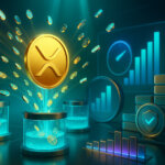 A bright 16:9 cinematic DeFi lab shows a luminous XRP emblem minting streams of tokens into glowing liquidity pools beside rising bar charts and a security shield, symbolizing mXRP’s $30M supply milestone.