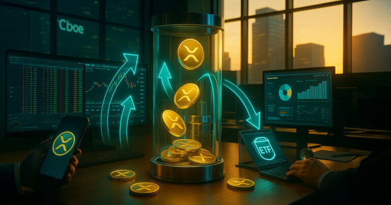A bright, photorealistic trading desk shows glowing XRP coins funnelling from a phone and broker terminal into a glass “fund” vault as teal arrows visualize a liquidity shift.