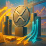 Bright, cinematic financial-plaza scene with a matte XRP emblem receiving twin and triple arrow streams from stylized ETF pillars—gold arcs for long leverage and teal arcs for short—amid stacks of filing folders and abstract market screens.