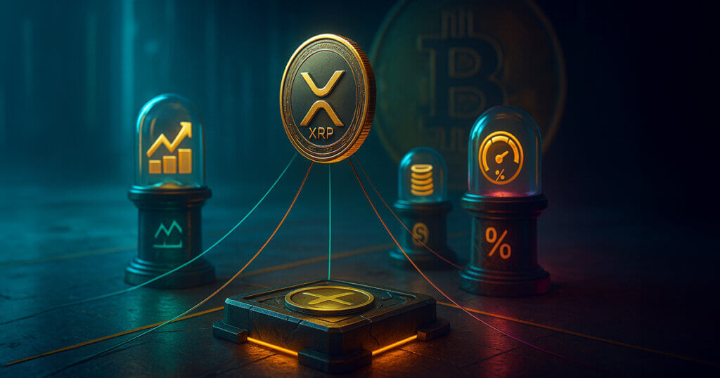 A hyper-real, cinematic 16:9 low-angle shot shows a gleaming XRP coin suspended above a lit platform, tethered to three glass-domed “tripwire” pillars—funding, open interest, and volatility—glowing in teal, gold, and magenta with a blurred Bitcoin disk looming behind.