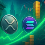 Cinematic trading-floor scene with luminous XRP and Solana coins rising along bright green open-interest arcs beside stacked contract blocks and marble columns hinting at institutional flow.