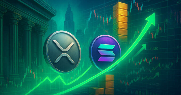 Cinematic trading-floor scene with luminous XRP and Solana coins rising along bright green open-interest arcs beside stacked contract blocks and marble columns hinting at institutional flow.