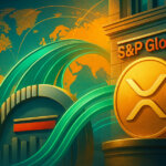 A matte, high-key scene shows a golden XRP coin before an S&P Global façade as emerald inflow streams arc over a world map and index dial to signal potential inclusion.