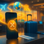 a smartphone with a glowing XRP logo on an airport check-in counter, luminous lines linking it to floating icons for flights, hotels, and a globe beside sleek luggage under bright terminal lighting.
