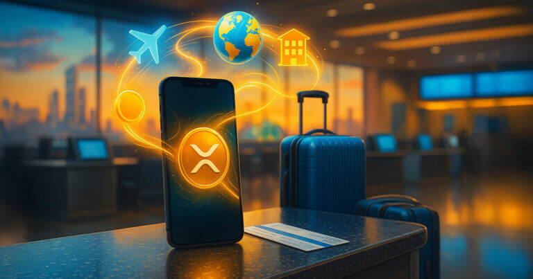 a smartphone with a glowing XRP logo on an airport check-in counter, luminous lines linking it to floating icons for flights, hotels, and a globe beside sleek luggage under bright terminal lighting.