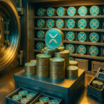 Open institutional vault filled with neatly stacked XRP coins in teal-and-gold tones, stainless-steel shelves, and a robotic arm sorting coins under bright, even lighting.