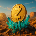 a gleaming Zcash coin erupting from turquoise crystals in a sunlit desert canyon with a muted Bitcoin disk blurred in the background, symbolizing a privacy-powered resurgence.