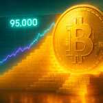 a towering golden Bitcoin wall built of glowing bricks at the 95k level