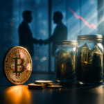 Bitcoin and glass cash jars, with soft haze and bokeh deepening contrast against silhouetted figures and a faint falling line outside.