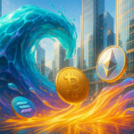a translucent teal-violet “AI liquid” wave surging through a sunlit glass-and-steel plaza as golden Bitcoin, silver Ethereum, and iridescent Solana coins melt into luminous streams that fuse with the wave.