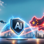 a shield bearing the attached AI logo projecting a blue defense dome as drones intercept red attack beams from a holographic map of China against a vivid skyline.