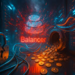 a cracked padlock and glowing cables spilling coins from a breached vault in a neon-lit server room as the fractured Balancer logo flickers amid dramatic, soft-glow lighting.