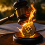 A wooden judge’s gavel strikes a burning Binance coin on a block of legal documents, symbolizing regulatory heat and legal pressure on the exchange.