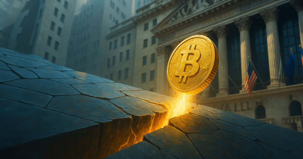 A large glowing Bitcoin coin rises from a cracked stone surface in front of Wall Street buildings, with floating cube-shaped crypto symbols and molten light shining through the fissure.