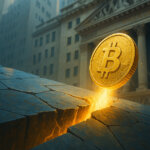 A large glowing Bitcoin coin rises from a cracked stone surface in front of Wall Street buildings, with floating cube-shaped crypto symbols and molten light shining through the fissure.