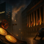 Wall Street scene at storm-lit dusk shows a gleaming Bitcoin conveyor slowing beside the NYSE colonnade and Charging Bull, while a glass tower with a glowing “S” monogram suggests Strategy—bathed in dramatic shafts of light and a soft cinematic glow.