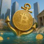 a massive golden Bitcoin-anchor emerging from rippling turquoise water in front of glass skyscrapers and a neoclassical building spilling rivers of paper money down its steps under a bright blue sky.